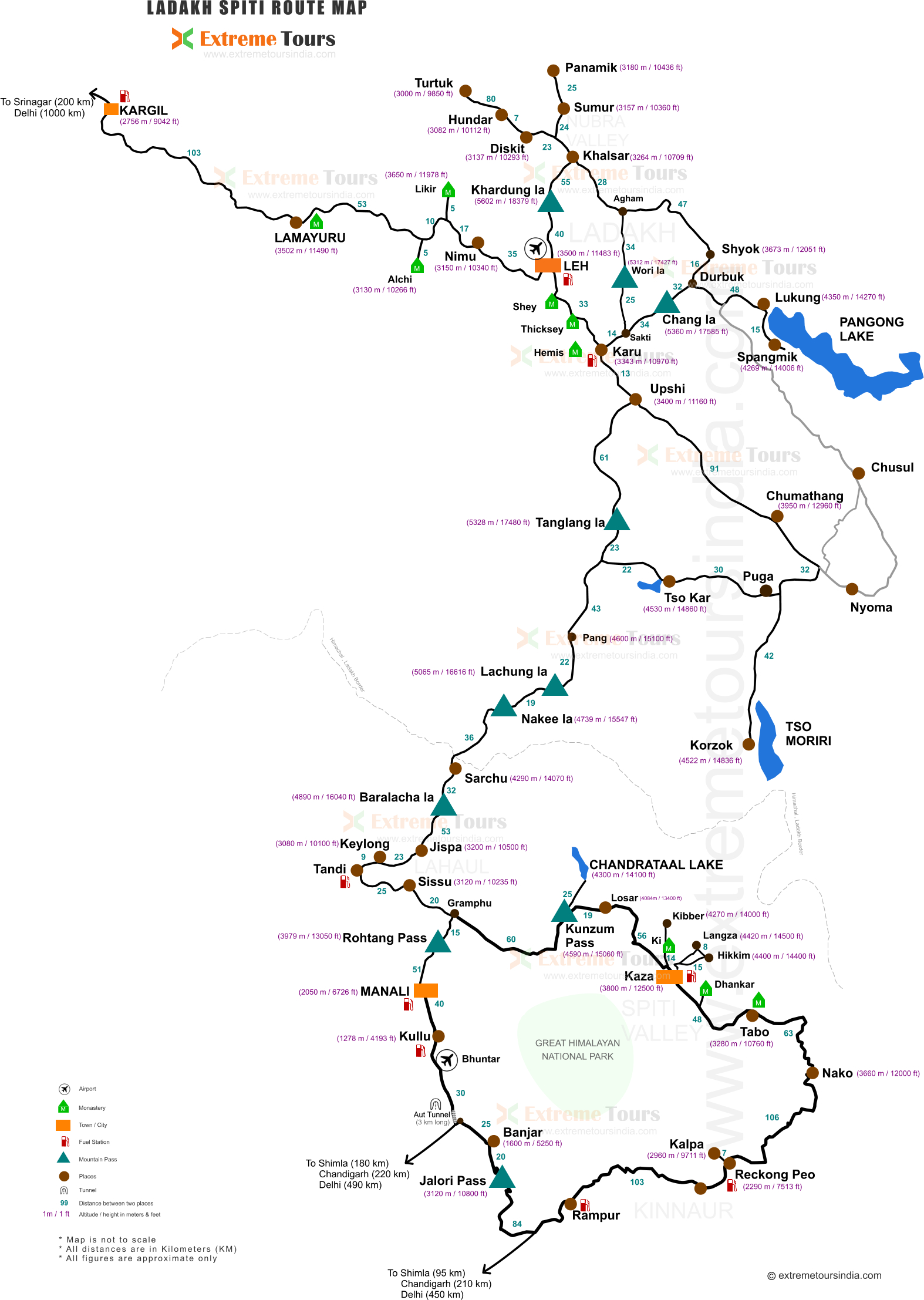 Detailed Route Map for Road Trip to Ladakh or Spiti